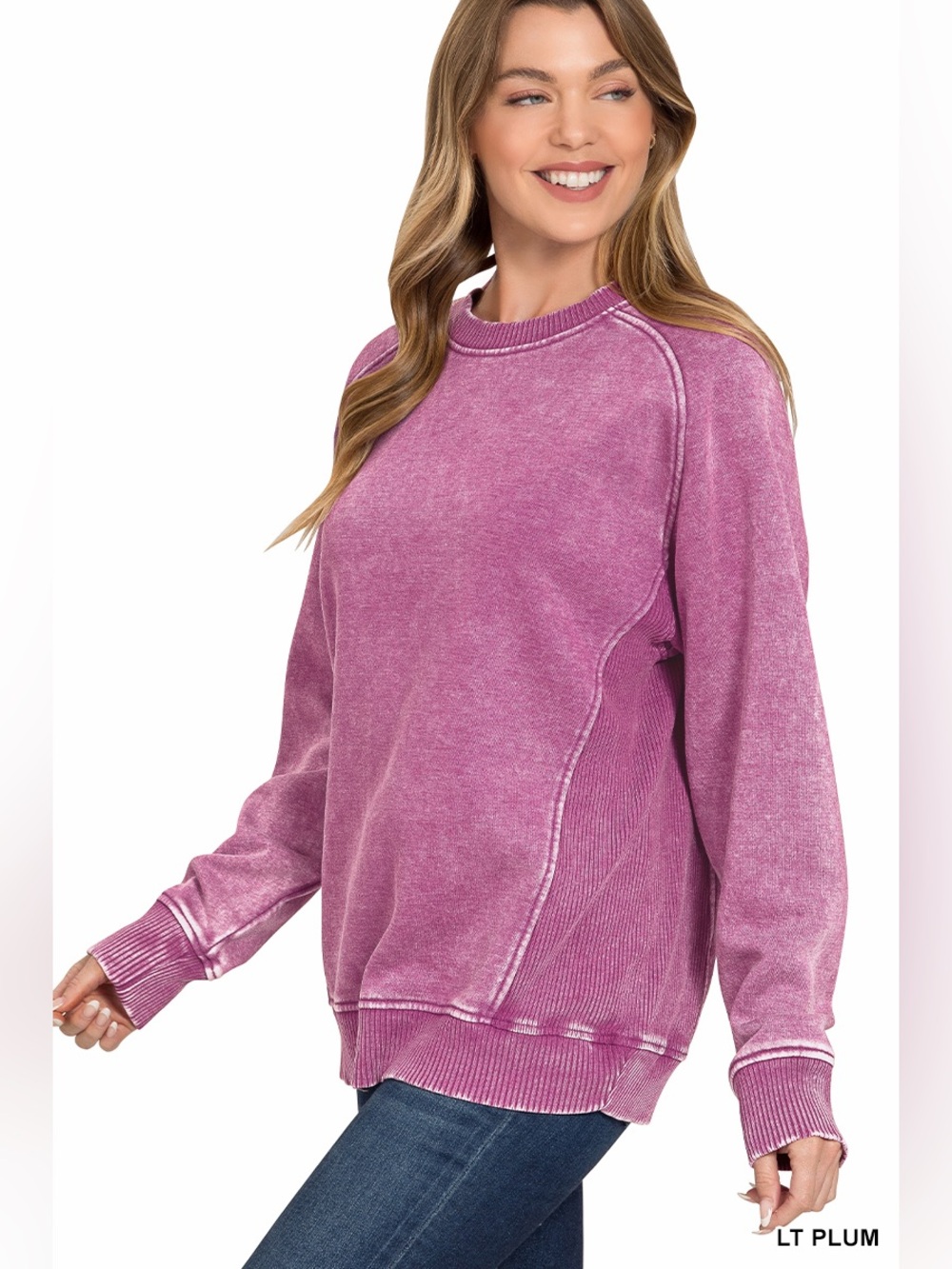 Zenana Acid Wash Sweatshirt - LT Plum